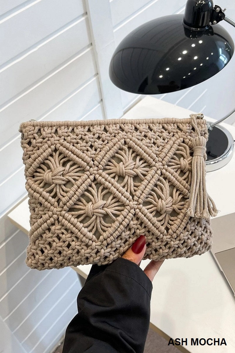 Woven Boho Tassel Crochet Shoulder Bag - Whimsical Details - Brown Purse, crochet purse, over the shoulder, purse, shoulder bag