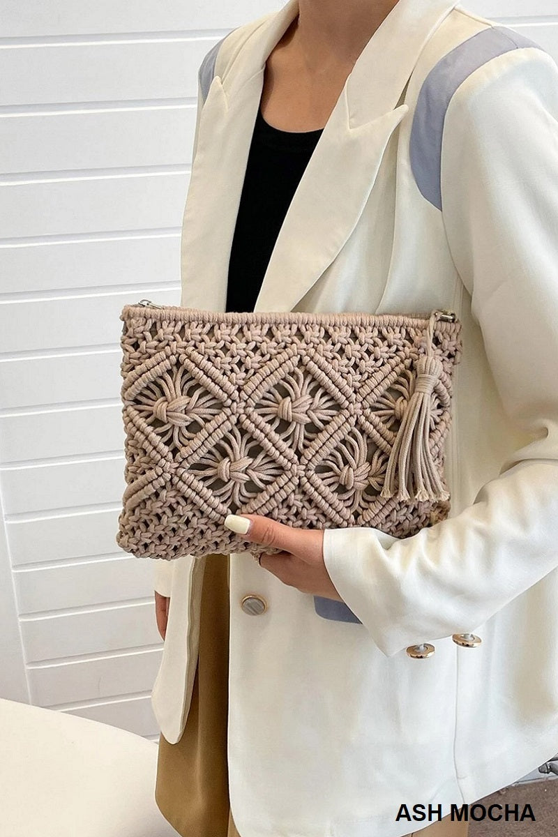 Woven Boho Tassel Crochet Shoulder Bag - Whimsical Details - Brown Purse, crochet purse, over the shoulder, purse, shoulder bag