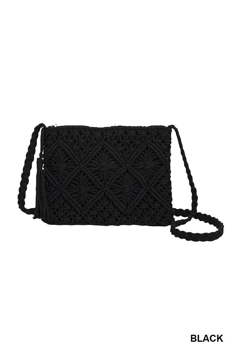 Woven Boho Tassel Crochet Shoulder Bag - Whimsical Details - Brown Purse, crochet purse, over the shoulder, purse, shoulder bag