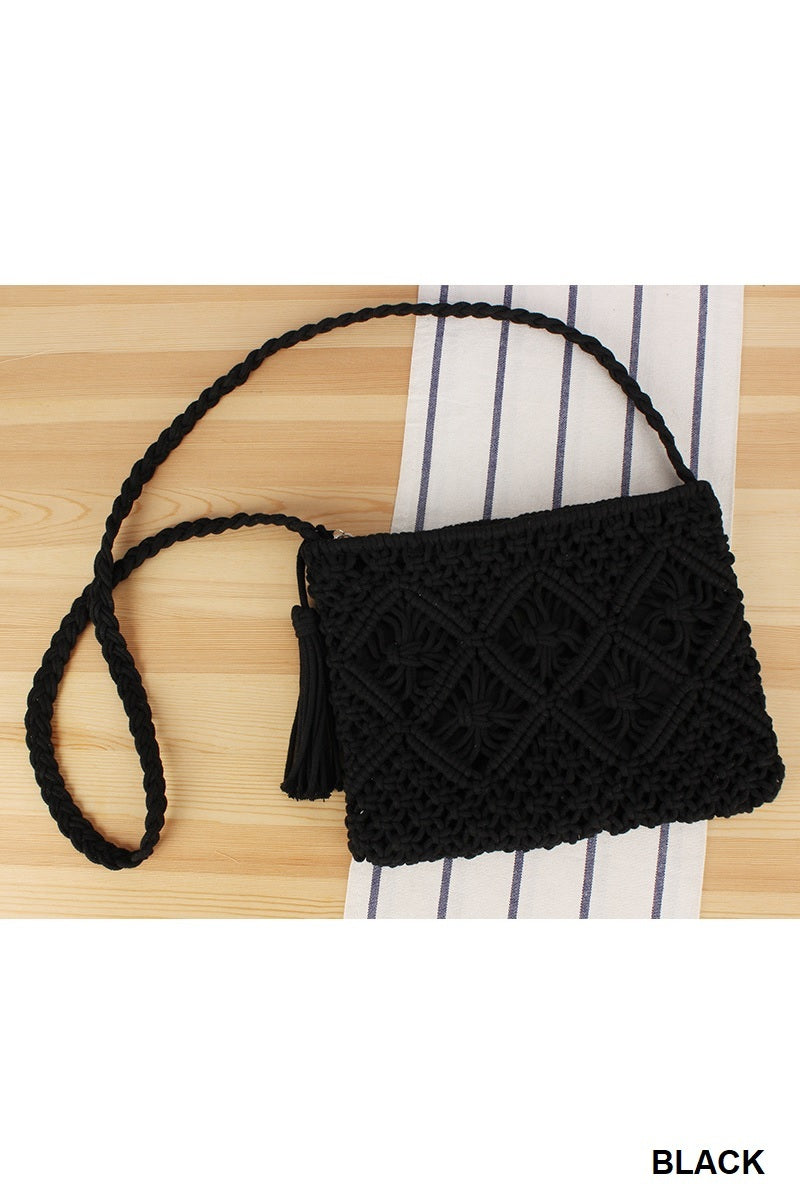 Woven Boho Tassel Crochet Shoulder Bag - Whimsical Details - Brown Purse, crochet purse, over the shoulder, purse, shoulder bag