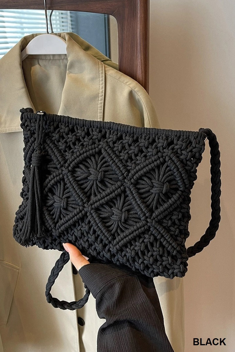 Woven Boho Tassel Crochet Shoulder Bag - Whimsical Details - Brown Purse, crochet purse, over the shoulder, purse, shoulder bag