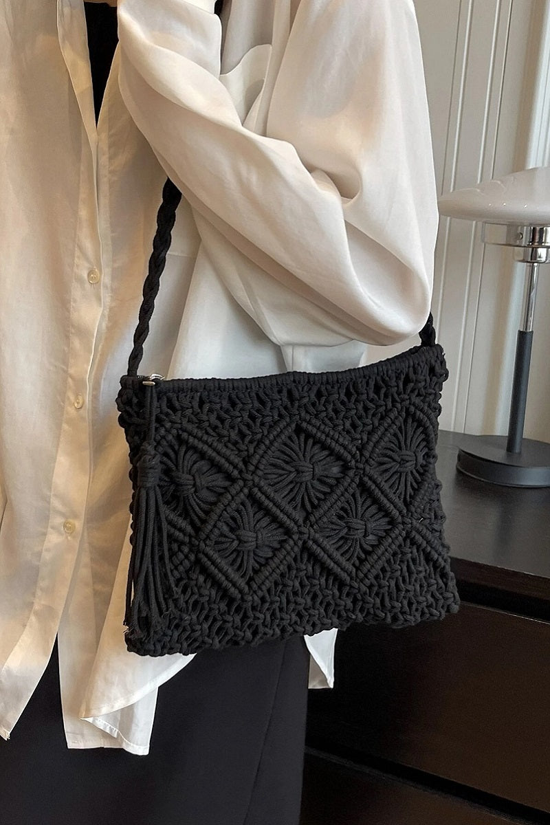 Woven Boho Tassel Crochet Shoulder Bag - Whimsical Details - Brown Purse, crochet purse, over the shoulder, purse, shoulder bag
