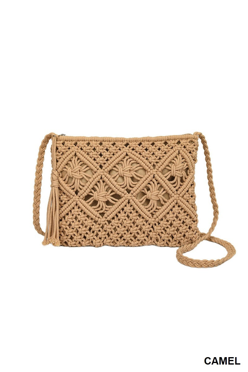 Woven Boho Tassel Crochet Shoulder Bag - Whimsical Details - Brown Purse, crochet purse, over the shoulder, purse, shoulder bag