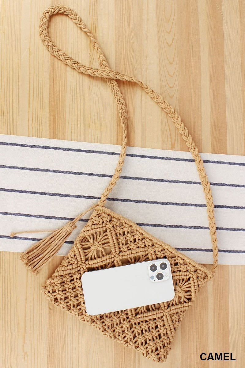Woven Boho Tassel Crochet Shoulder Bag - Whimsical Details - Brown Purse, crochet purse, over the shoulder, purse, shoulder bag