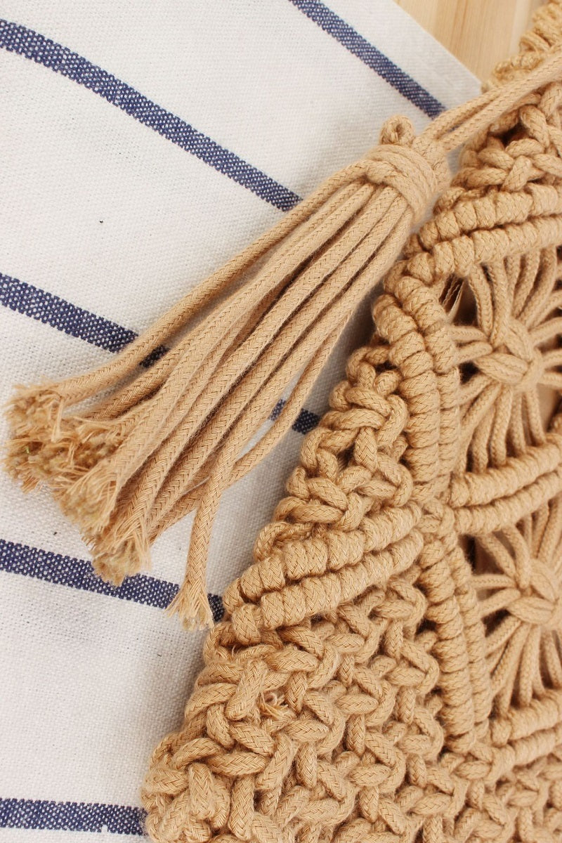Woven Boho Tassel Crochet Shoulder Bag - Whimsical Details - Brown Purse, crochet purse, over the shoulder, purse, shoulder bag