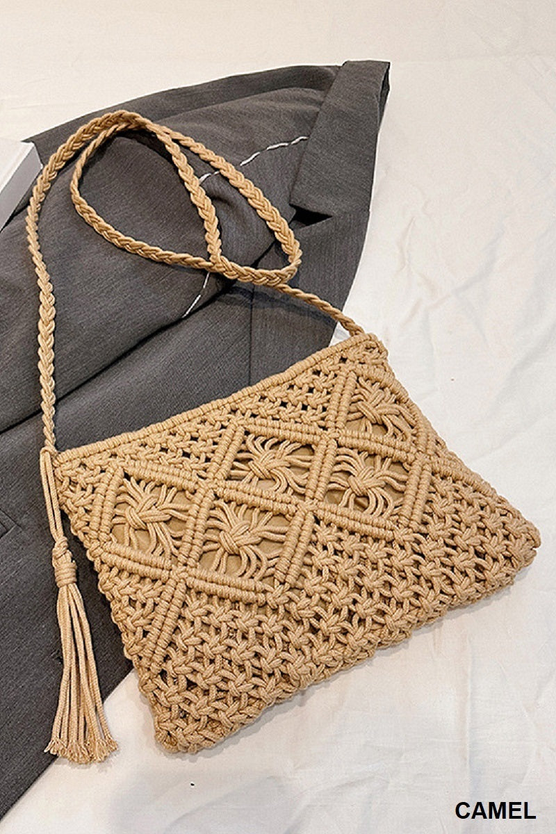Woven Boho Tassel Crochet Shoulder Bag - Whimsical Details - Brown Purse, crochet purse, over the shoulder, purse, shoulder bag