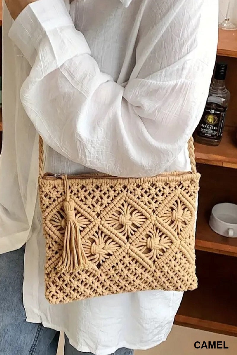 Woven Boho Tassel Crochet Shoulder Bag - Whimsical Details - Brown Purse, crochet purse, over the shoulder, purse, shoulder bag