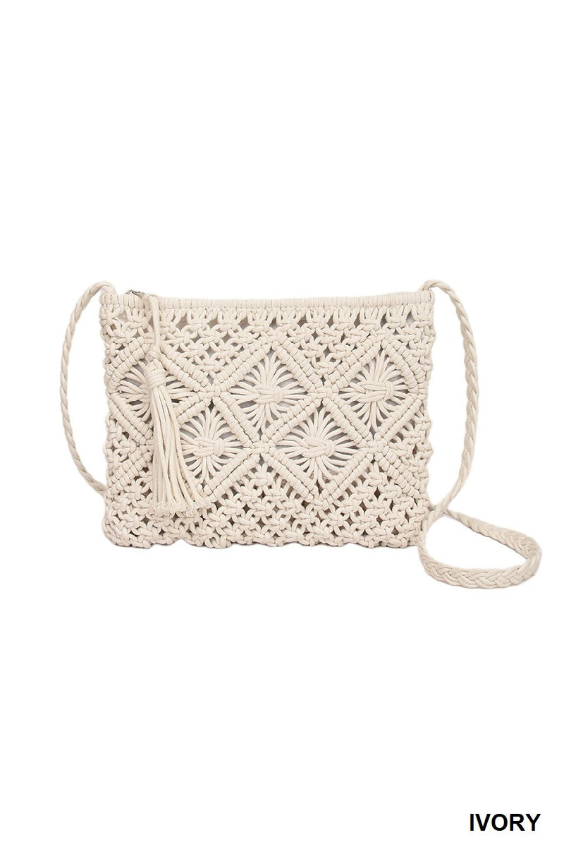 Woven Boho Tassel Crochet Shoulder Bag - Whimsical Details - Brown Purse, crochet purse, over the shoulder, purse, shoulder bag
