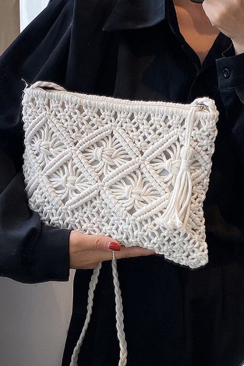 Woven Boho Tassel Crochet Shoulder Bag - Whimsical Details - Brown Purse, crochet purse, over the shoulder, purse, shoulder bag