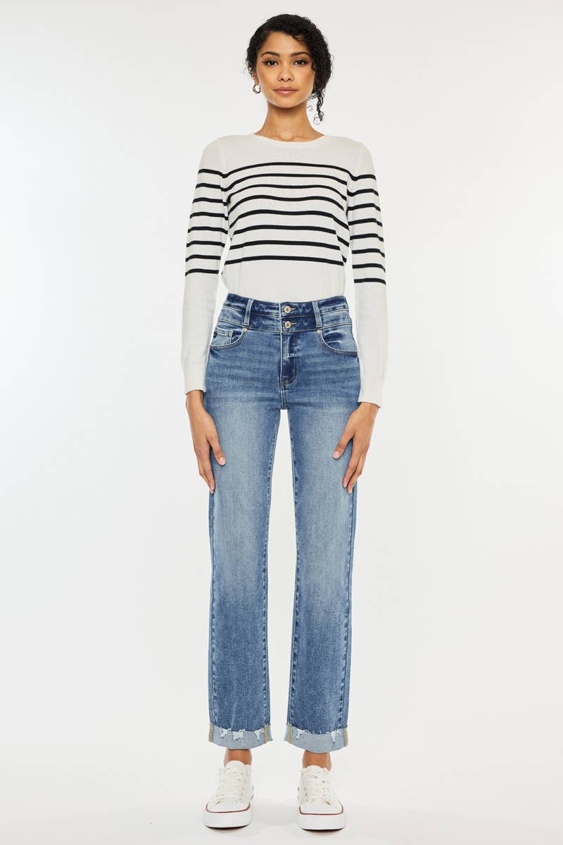 High Rise Slim Straight Medium Wash - Whimsical Details - denim, jeans, pants