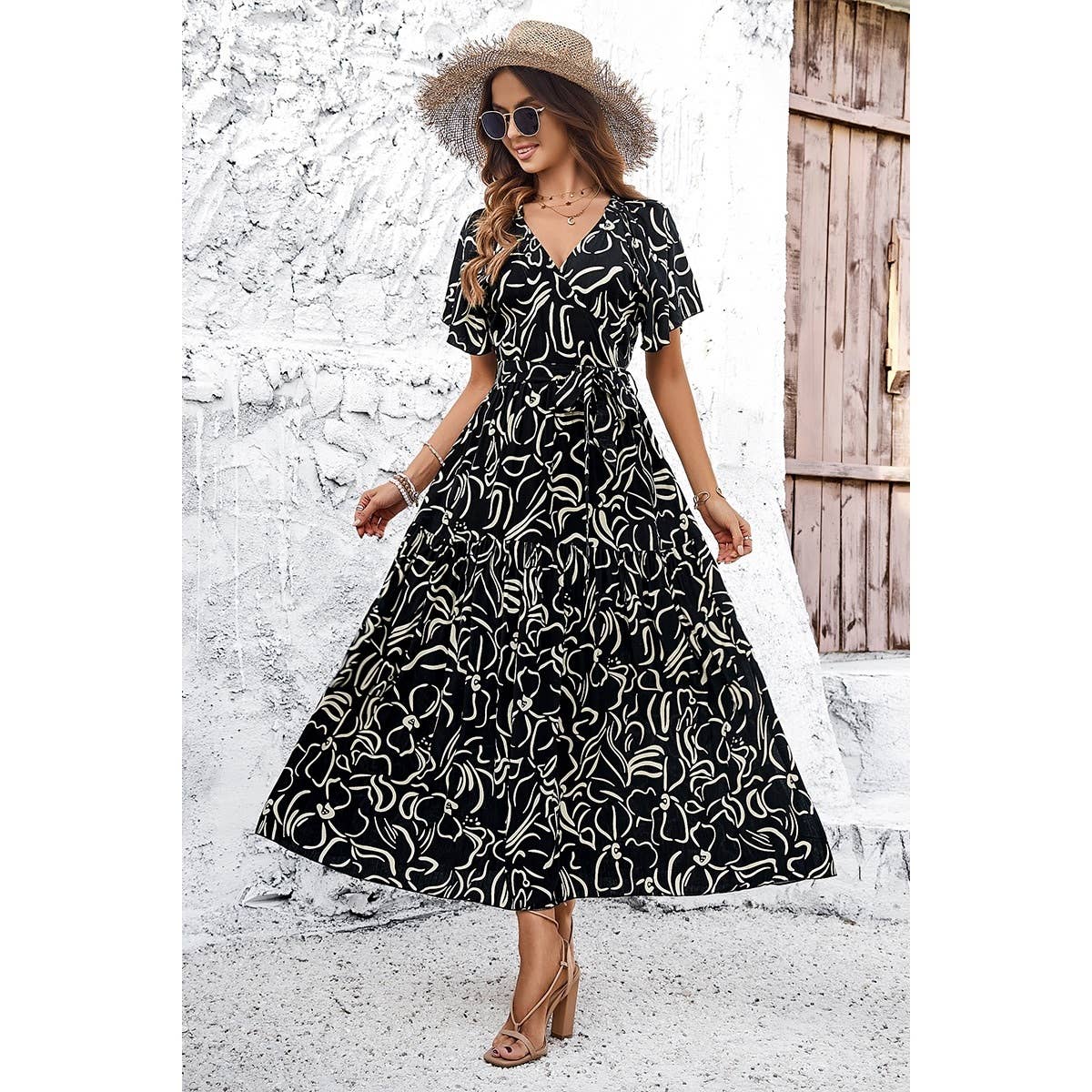Black & Cream Print V Neck Maxi Dress - Whimsical Details - dresses, midi dress, summer, transition, wrap dress
