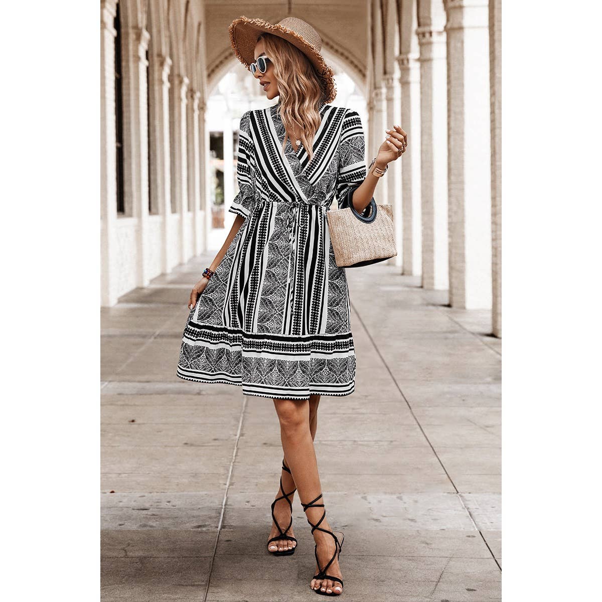 Surplice Neck Ruffle Hem Fit Dress