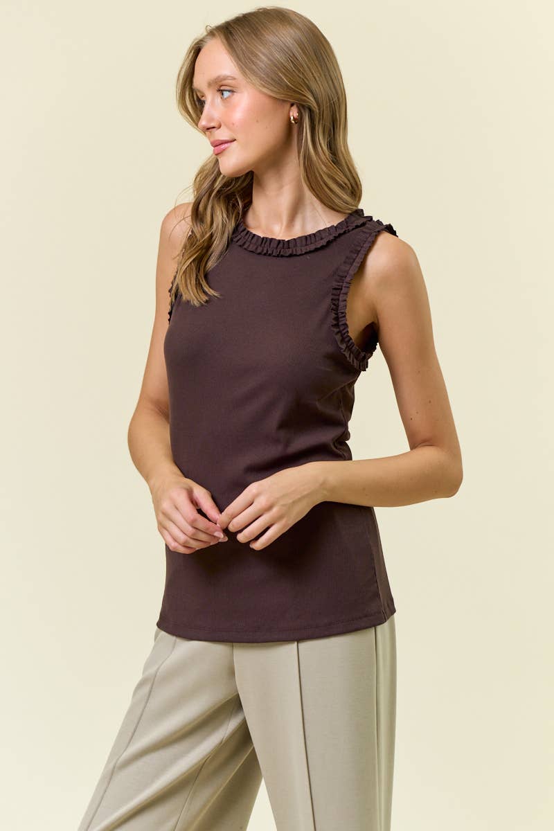 Solid Knit Tank Ruffle Trim