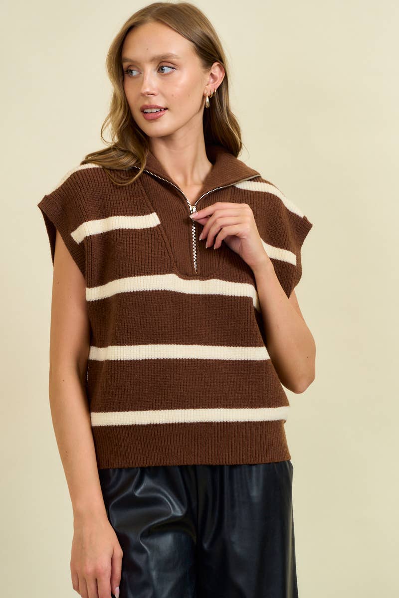 STRIPED FUNNEL HALF ZIP SWEATER VEST