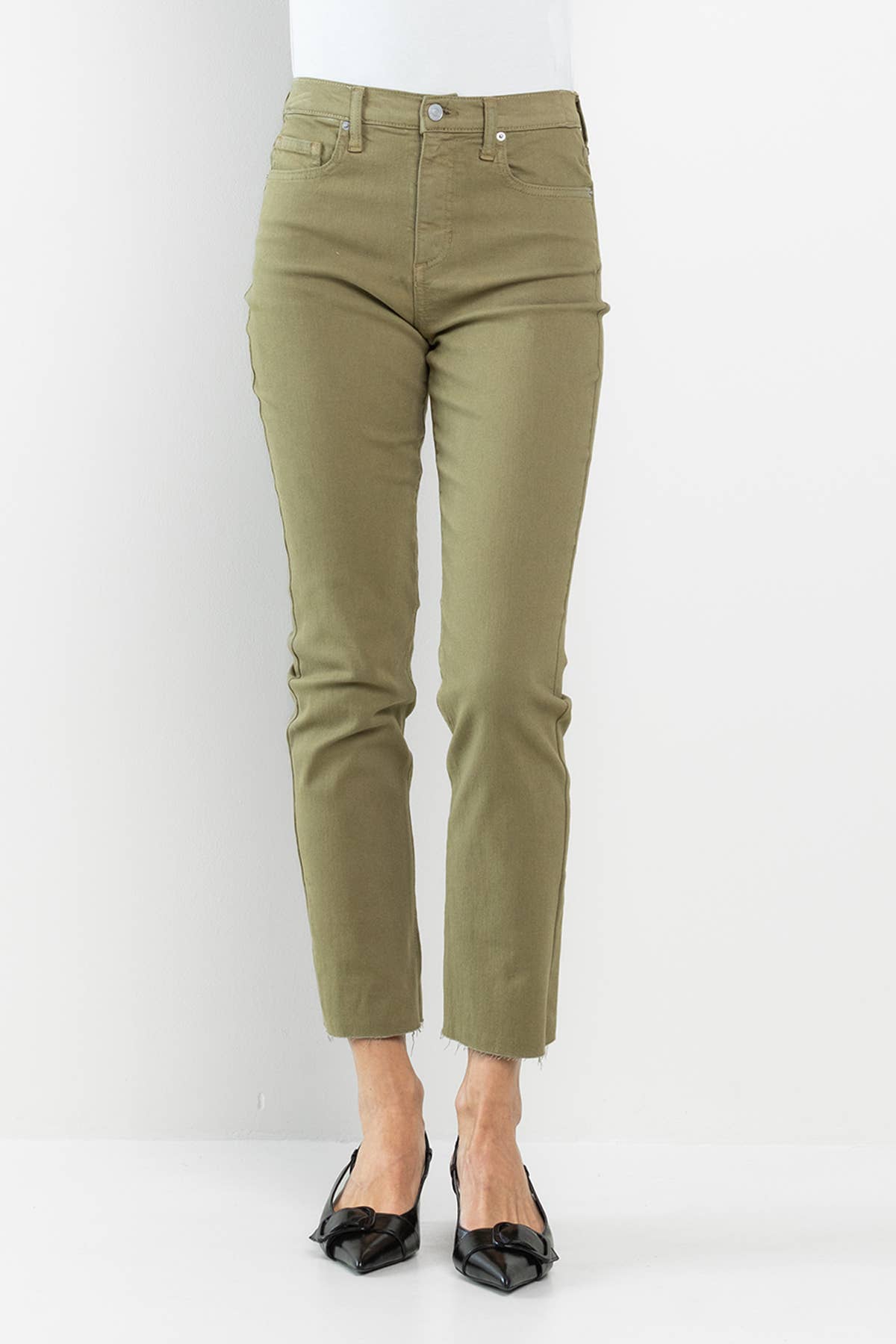 High Rise Slim Straight Green Pants