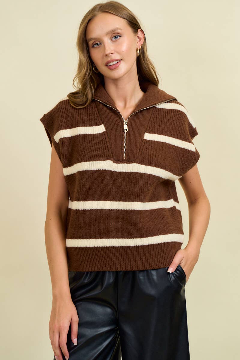 STRIPED FUNNEL HALF ZIP SWEATER VEST