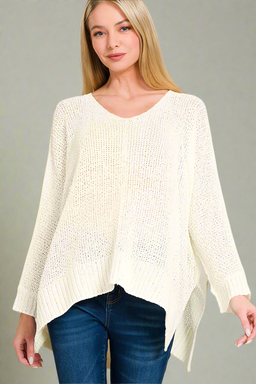 Dolman Sleeve V-neck Sweater - Whimsical Details - Long sleeve, sweater