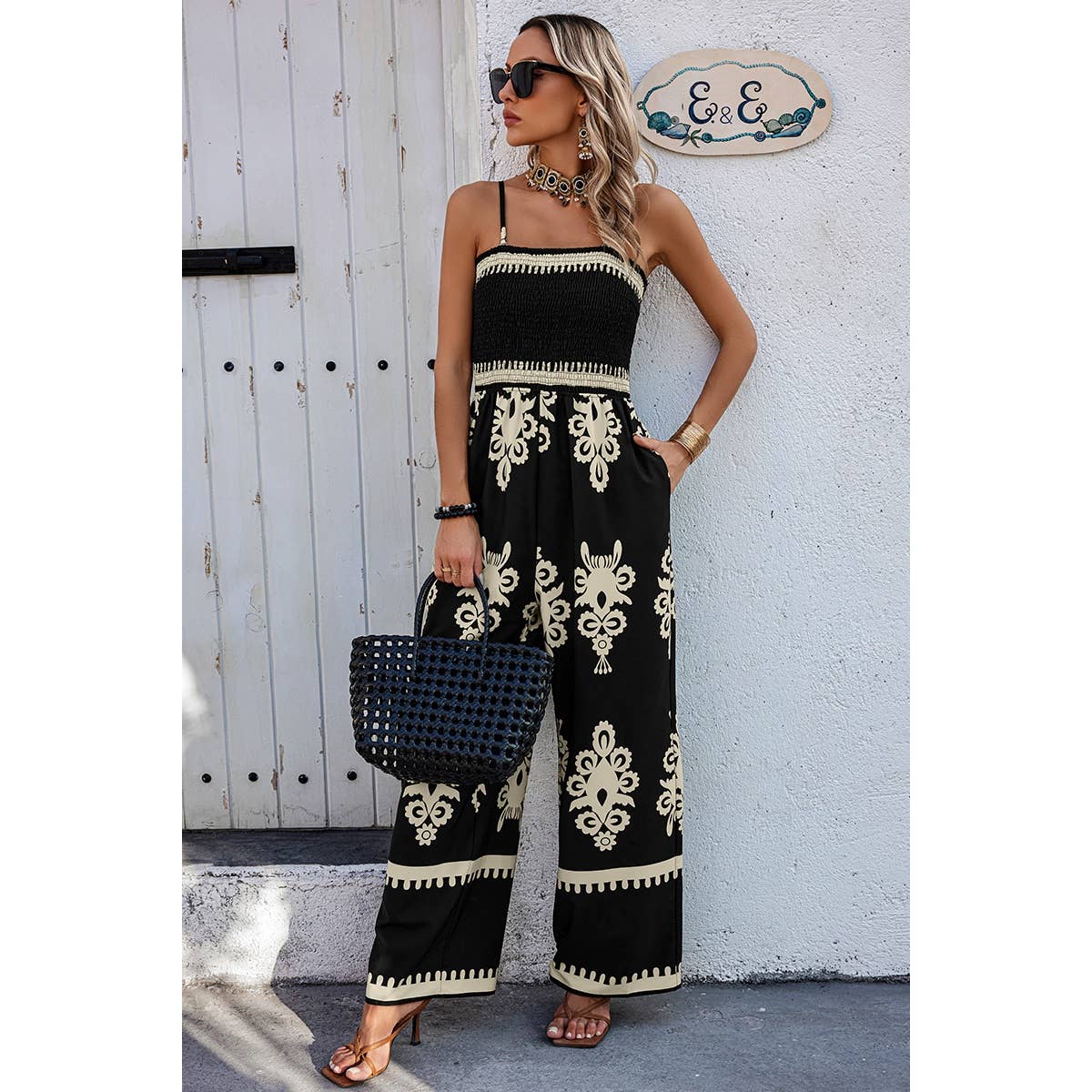 Ruched Printed High Waist Jumpsuit - Whimsical Details - jumpsuit, romper, summer, tank romper, transition