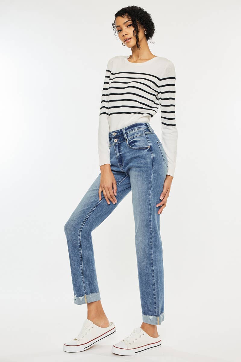 High Rise Slim Straight Medium Wash - Whimsical Details - denim, jeans, pants