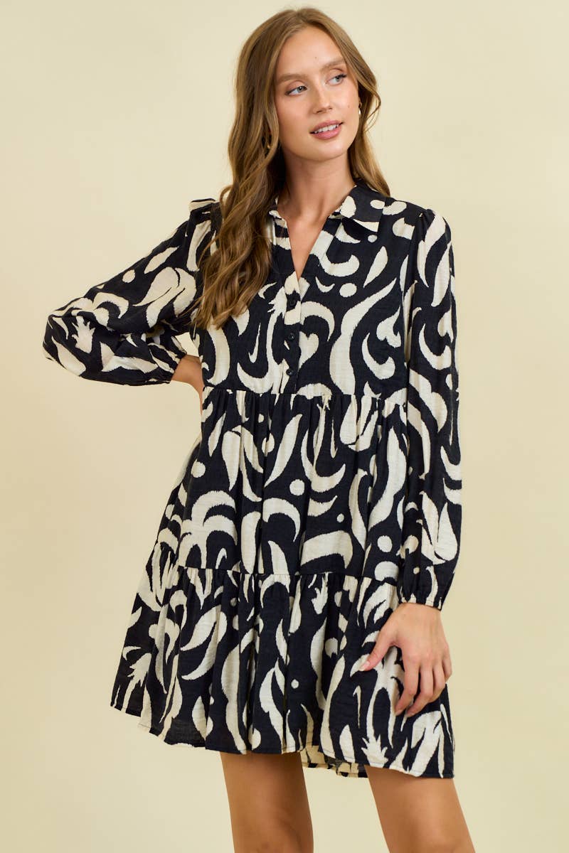 LEAF PRINTED POPLIN HALF BUTTON DOWN MINI DRESS