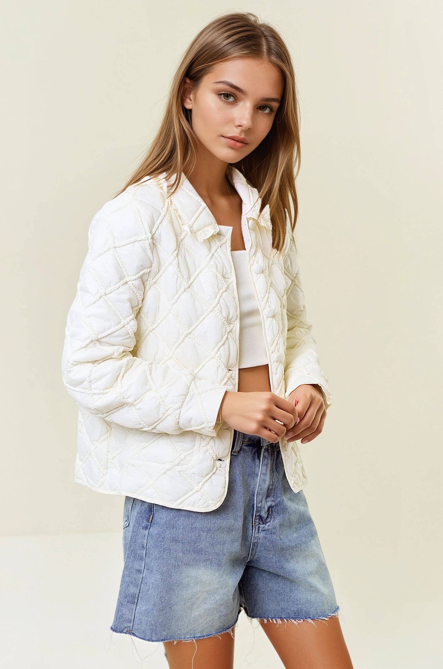 Over-Sized Collar Quilted Button-Down Jacket