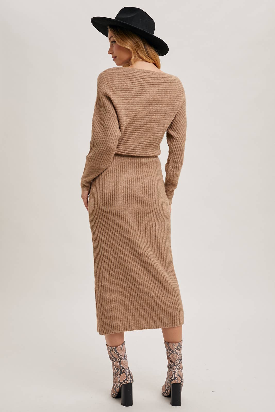 One Shoulder Off Side Slit Midi Knit Sweater Dress