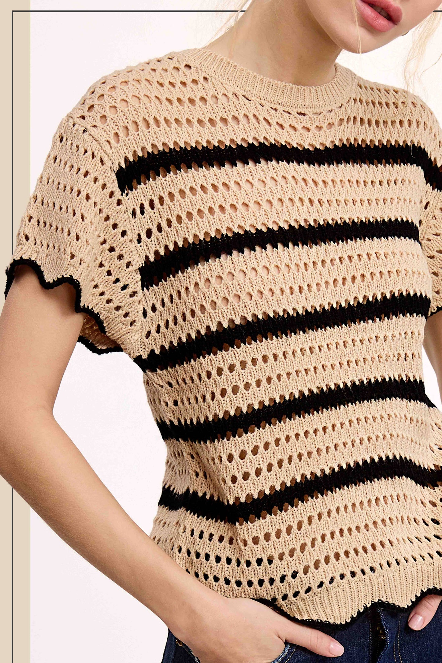 Round Neck Scalloped Edge Short Sleeve Sweater Easte