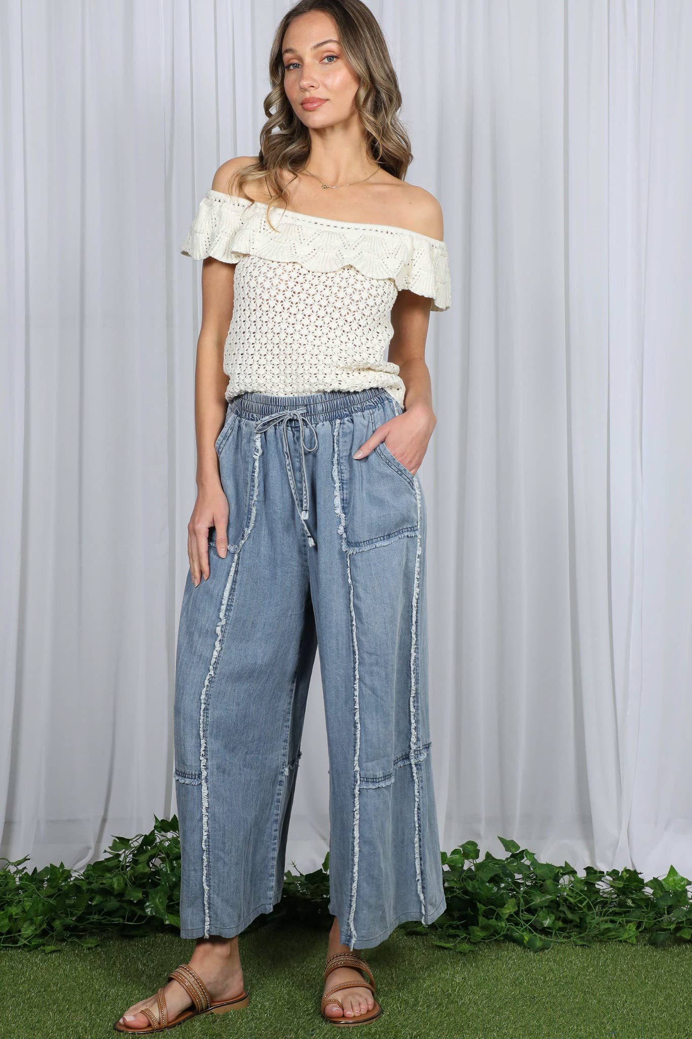Self Fray 100%Tencel Chambray Washed Palazzo Pants