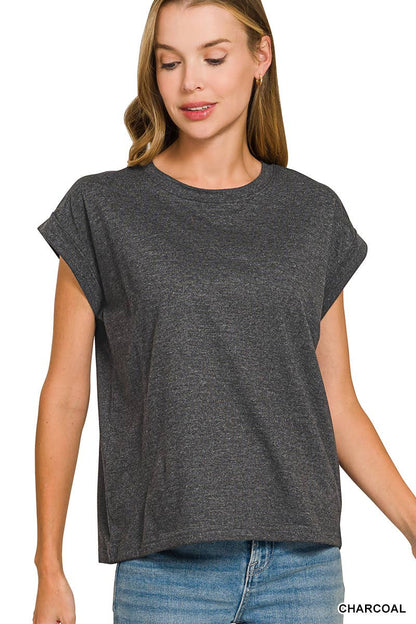 Round Neck Folded Short Sleeve T-shirt