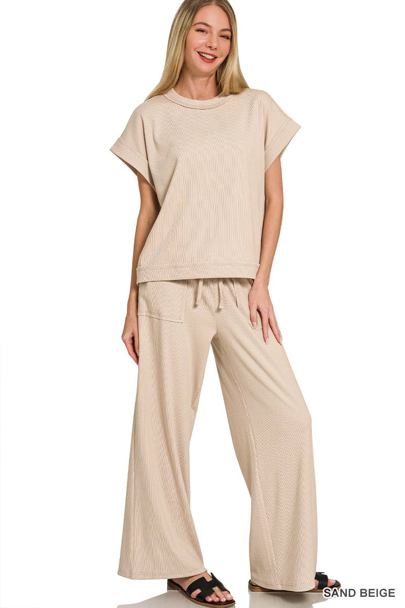 Ribbed Short Sleeve Tee N Pants - Whimsical Details - ["ash Mocha","lounge","lounge wear","set","sweat set","trendy"]