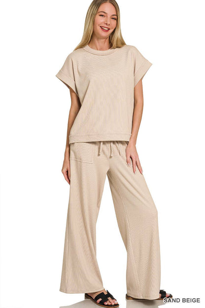 Ribbed Short Sleeve Tee N Pants - Whimsical Details - ["ash Mocha","lounge","lounge wear","set","sweat set","trendy"]