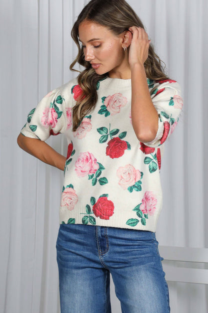 English Roses Crew Neck Cozy Soft Knit Sweater
