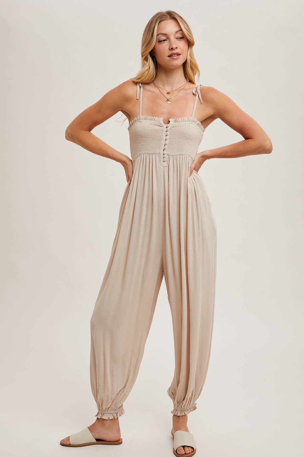 Gauze Smocked Button Front Shoulder Tie Jumpsuit - Whimsical Details - jumper, jumpsuit, transition