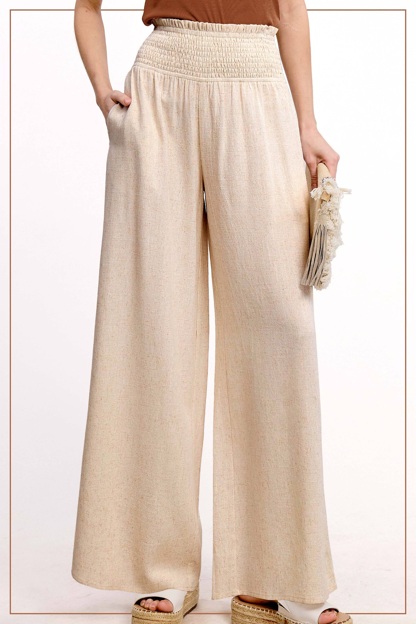 Smocked Waist High Waist Pants with Side Pockets