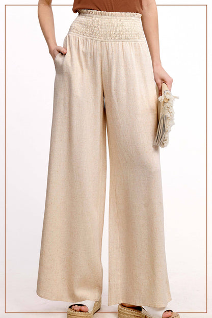 Smocked Waist High Waist Pants with Side Pockets