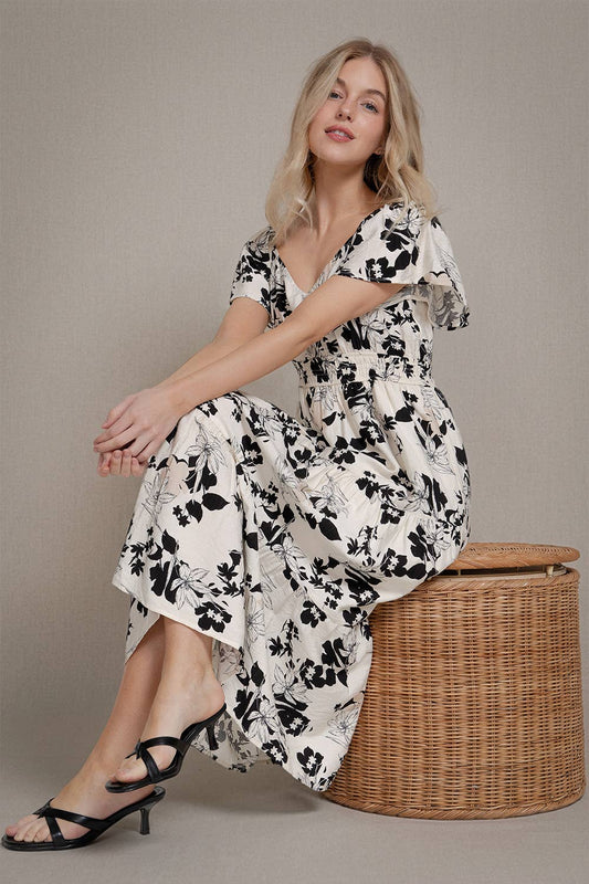 Short Flutter Sleeve V-Neck Maxi Printed Dress