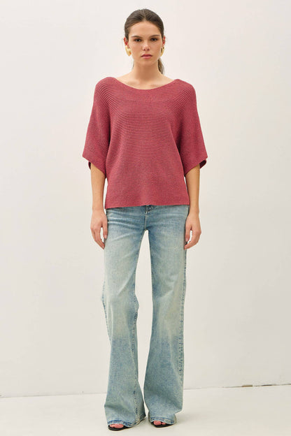 HORIZONTAL RIBBED DOLMAN SWEATER TOP