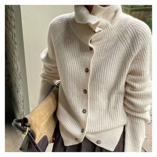 Semi-High Neck Loose Solid Color Cardigan Sweater - Whimsical Details - ["button sweater","button up","cardigan","cream","cream sweater","sweater"]