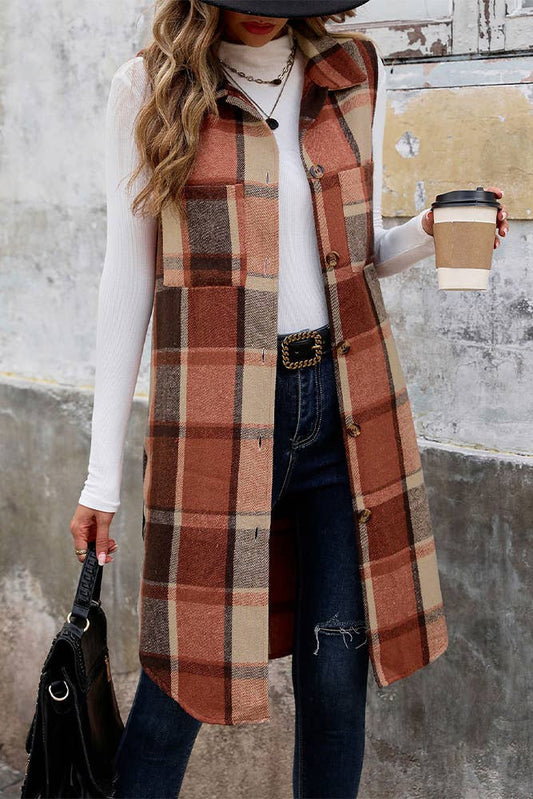 Sleeveless Plaid Long Vest Coat