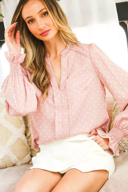V-Neck Dot Print Long Puff Sleeve Blouse Top - Whimsical Details - ["Blouse","Blush","Long sleeve","Puff Sleeve","puffy sleeve","top","tops"]