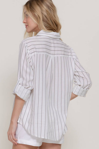 Long Sleeve Button Down Stripe Linen Oversized Shirt
