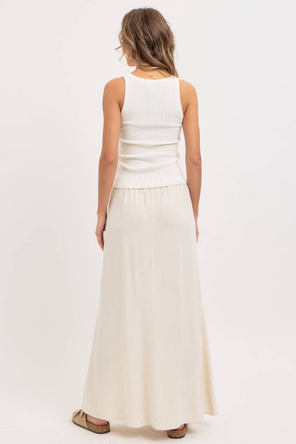 LINEN PULLOVER MAXI SKIRT - Whimsical Details - ["linen","Linen Dress","midi skirt","oatmeal","skirt"]