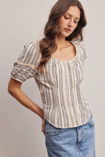 Striped Lace-Trim Puff Sleeve Blouse