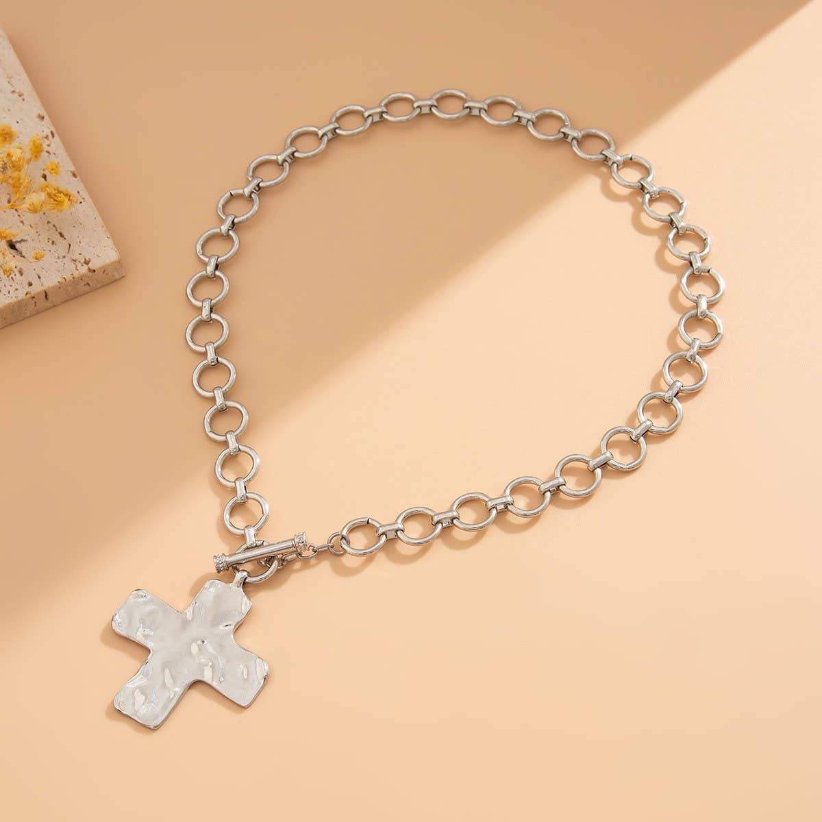 Kara Hammered Cross Front Toggle Necklace