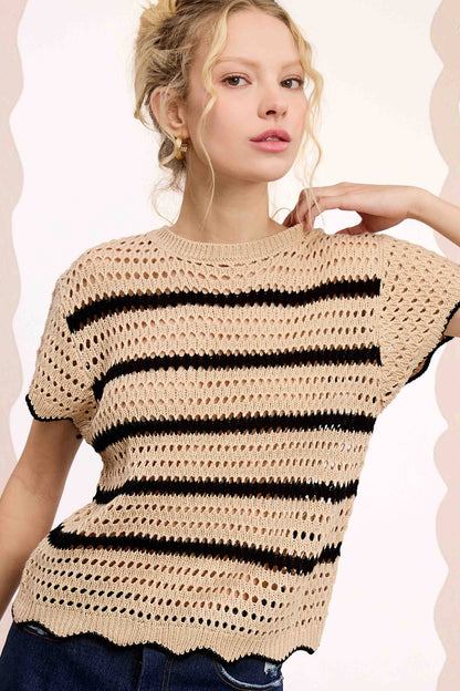 Round Neck Scalloped Edge Short Sleeve Sweater Easte