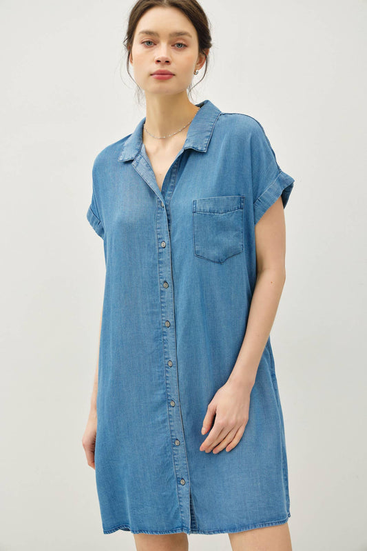 DENIM WASH BUTTON DOWN TENCEL DRESS