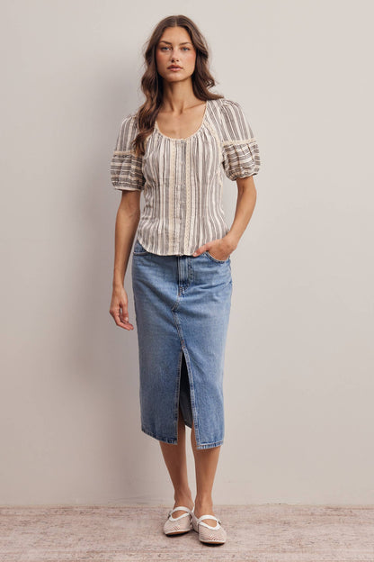 Striped Lace-Trim Puff Sleeve Blouse