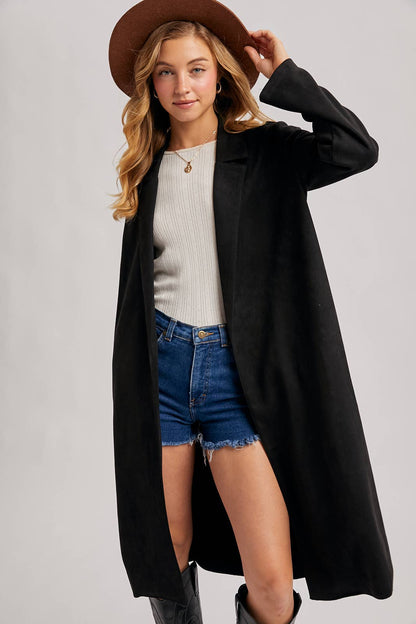 FAUX SUEDE LONGLINE OPEN FRONT COAT