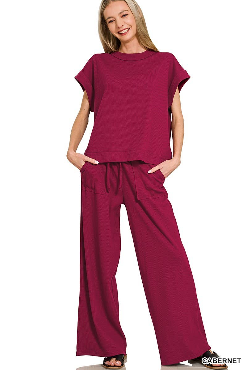 Ribbed Short Sleeve Tee N Pants - Whimsical Details - ["ash Mocha","lounge","lounge wear","set","sweat set","trendy"]