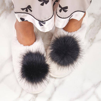 Plush Slippers - Ivory with Black Pom Pom - Whimsical Details - []